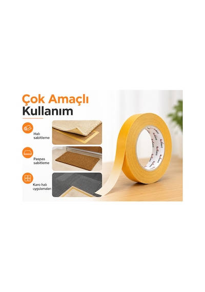 Çift Taraflı Kağıt Bant 3 Cm 25 Metre İz Leke Bırakmaz Halı Paspas Karo Halı Sabitleme Kaydırmaz Zemin Yapışkan Bant Kapı Önü Balkon Paspası Tutucu Bant