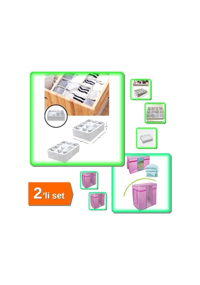 12 Bölmeli Pratik Çekmece Düzenleyici + Pencereli Saklama Hurcu Pembe Beyaz Çizgili - 2li Set A1j0h2 Belirtilmemiş