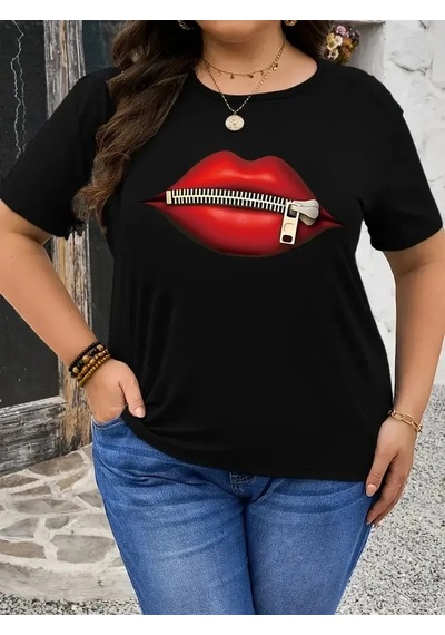 Kadın Kısa Kol Yazlık Tişört Bisiklet Yaka Dudak Baskılı T-shirt - Siyah