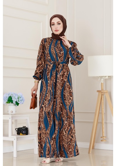 Sevitli Leopar Desenli Beli Tünelli Viscon Elbise-mavi-5089 Mavi