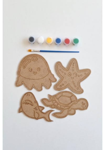 Boya, Eğlen, Keşfet - Çocuklar İçin Eğitici Su Hayvanları 4 Parça Ahşap Boyama Seti