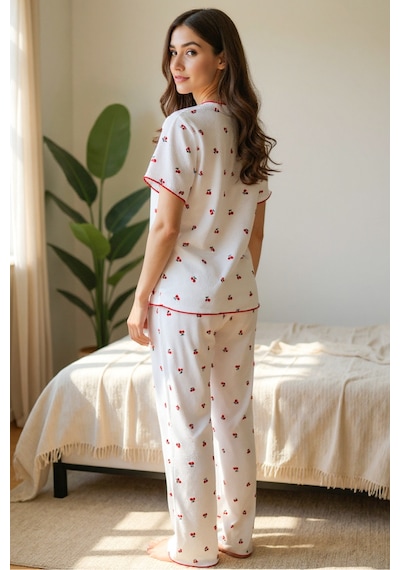 Bella Notte Pamuklu Kiraz Desenli V Yaka Pijama Takımı Kırmızı