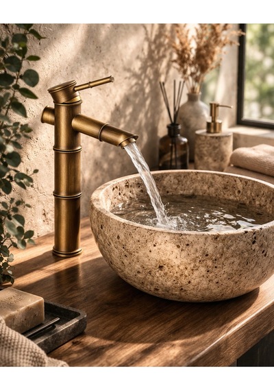 Viosa Eskitme Bambu Çanak Lavabo Bataryası Çanak Lavabo Uyumlu Antik Gold Pirinç Musluk Siyah