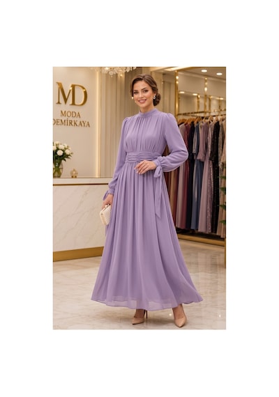 Dorne Moda Lila Büzgülü Ve Pileli Şifon Astarlı Nişan Ve Mezuniyet Elbisesi Mor Mor