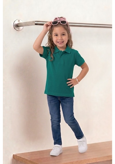 Nacar Store Unisex Çocuk Polo Yaka Kısa Kollu Lakost Tişört Okula Dönüş Zümrüt Yeşil