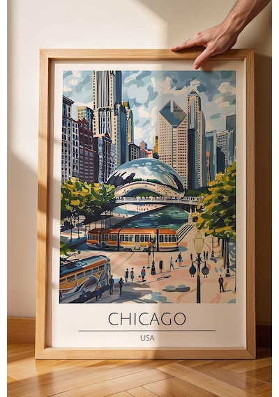 Abd Chicago Temalı Çerçeveli Tablo Travel Serisi Modern İllüstrasyon Şehir Duvar Dekoru Kayın