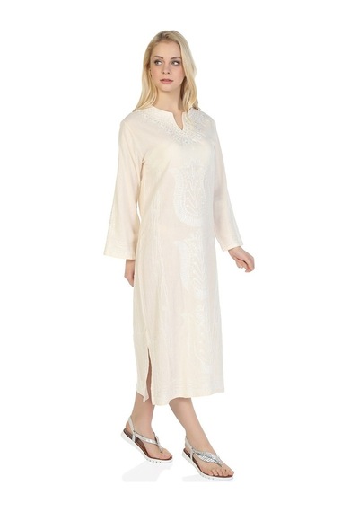 Eliş Şile Bezi Uzun Kol Şile Bezi Simli Kaftan Midi Boy Elbise Krem