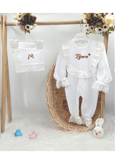 Gros Shop Yeni Doğan %100 Pamuk Dantelli Hastene Çıkış Tulum Seti Kişiye Ö Pembe