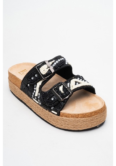Luvishoes Luvi Shoes Bobby Siyah Taşlı Etnik Desenli Hasır Kalın Mantar Tabanlı Kadın Terlik Siyah Luvishoes Luvi Shoes Bobby Siyah Taşlı Etnik Desenli Hasır Kalın Mantar Tabanlı Kadın Terlik Siyah