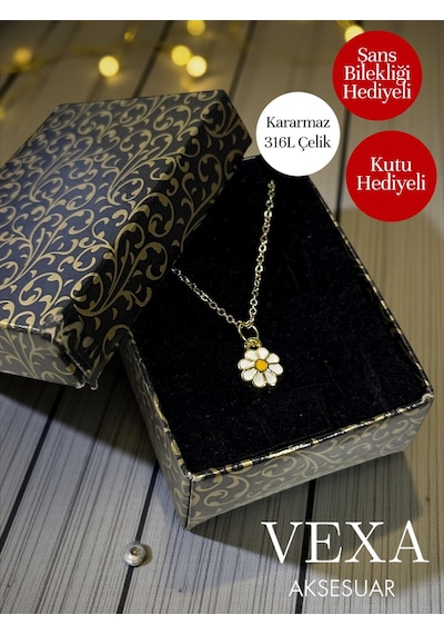 Kararmaz 316l Çelik Papatya Kolye Minimal - Hediye Kutulu + Şans Bilekliği Hediye Altın