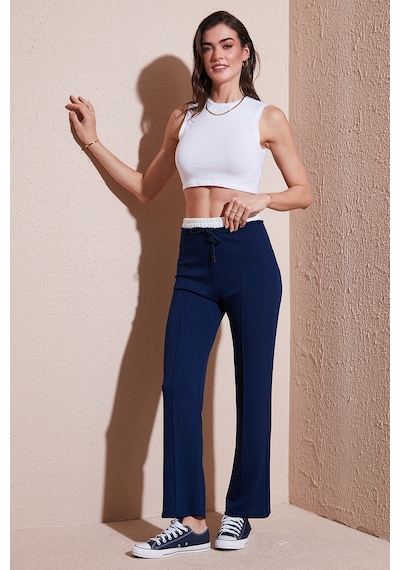 Lela Streç Slim Fit Yüksek Bel Geniş Paça Çimalı Bayan Eşofman Altı 5866078 Lacivert