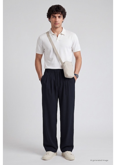 TOMMYLIFE Lacivert Pileli Dokuma Palazzo Erkek Pantolon - 82201