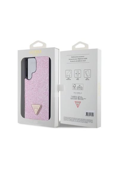 Galaxy S24 Ultra Uyumlu Kılıf Guess Lisanslı Taşlı Arka Yüzey Üçgen Logolu Kapak Pembe