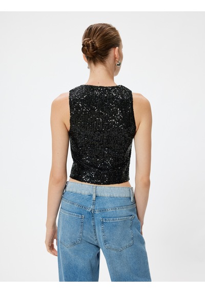 Koton Abiye Yelek Crop Pullu Payetli V Yaka Kolsuz Düğmeli Slim Fit Siyah 4sak50002fk Siyah Koton Abiye Yelek Crop Pullu Payetli V Yaka Kolsuz Düğmeli Slim Fit Siyah 4sak50002fk Siyah