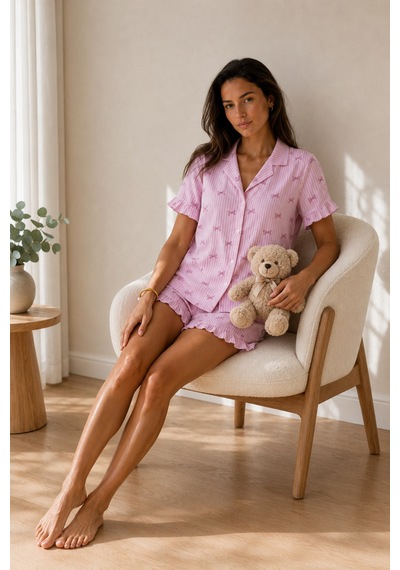 Kadın Düz Pamuk Homewear Pembe Pijama Takımı