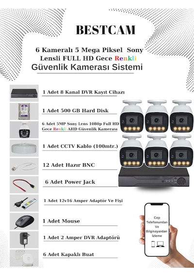 6 Kameralı Set 5 Mp Sony Lensli Full Hd Gece Renkli Set 500gb Hdd