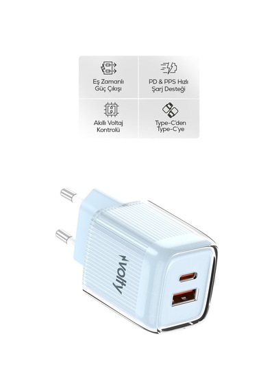 Hızlı Şarj Adaptörü 35w Gan + Type-c Kablo 60w Pd Usb-c & Usb-a, Laptop & Telefon Mavi-v0102021