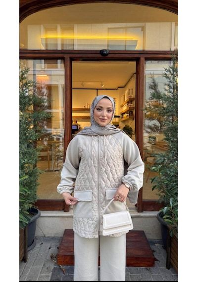 Gala Ceketi Fermuarlı Uzun Kadın Takımı Bej