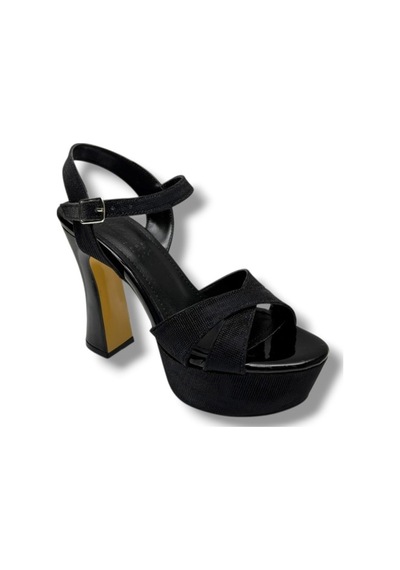 Defne 788-26 Simli Saten Çapraz Bant 30mm Platform Topuk Kadın Sandalet 12cm Siyah