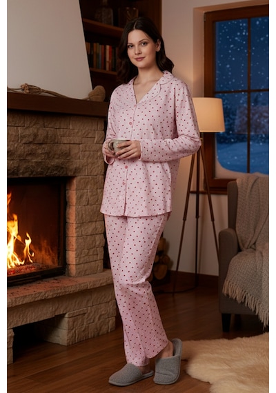 Remsa Kadın Kalp Desen Önü Düğmeli Suprem Pijama Takımı 0541 Pembe09 Pembe09