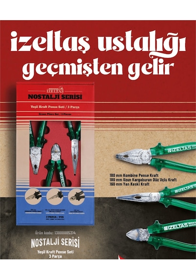 İzeltaş Nostalji Serisi / Yeşil Kraft Nostalji Pense Seti 3 Parça