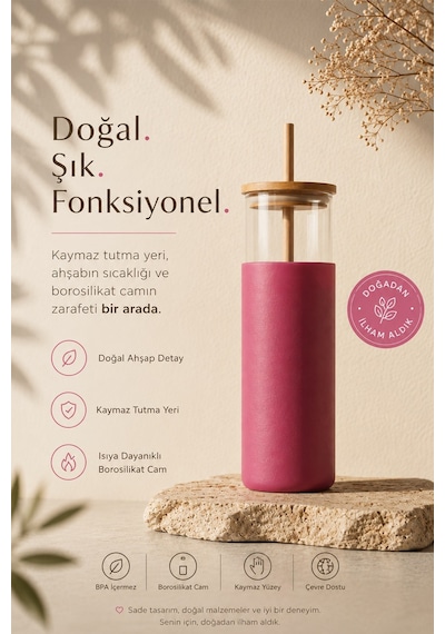Bambu Kapaklı Silikon Kılıflı Cam Suluk Matara 550 Ml Şeffaf