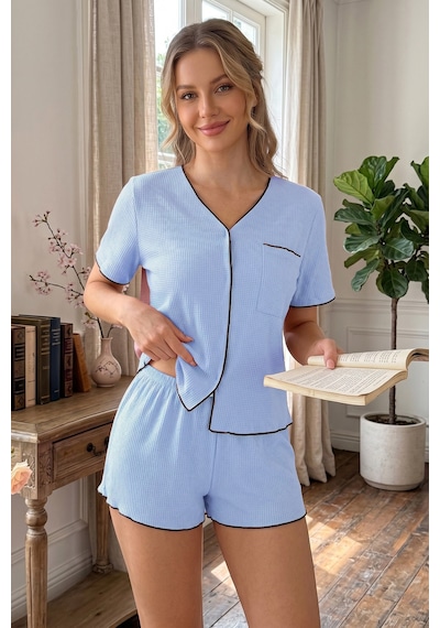 Bella Notte Bebe Mavisi Kısa Kollu V Yaka Biye Detaylı Pijama Takımı