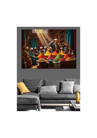 Baharat Çarşısında Çalışan Yerel İnsanlar Yağlı Boya Dokulu Kanvas Tablo Canvas Tablosu