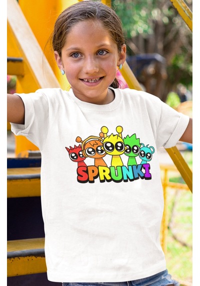 Sevbano Sprunki Oyun Baskılı Unisex Çocuk Tişört 1-12 Yaş Beyaz