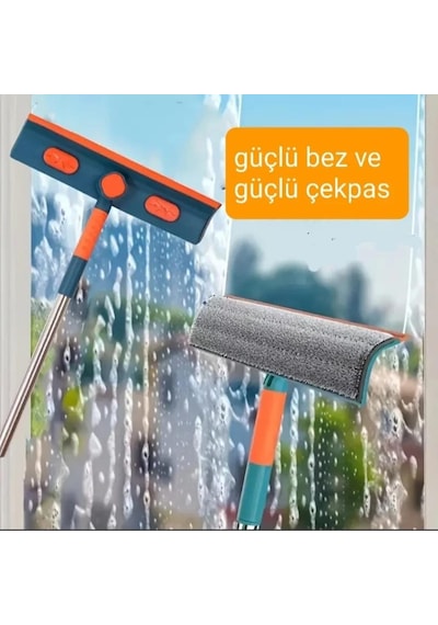 Cam Silme Aparatı Teleskopik Çift Yönlü Pratik 180 Derece Döner Pencere Cam Temizleyici Çekpas Mavi