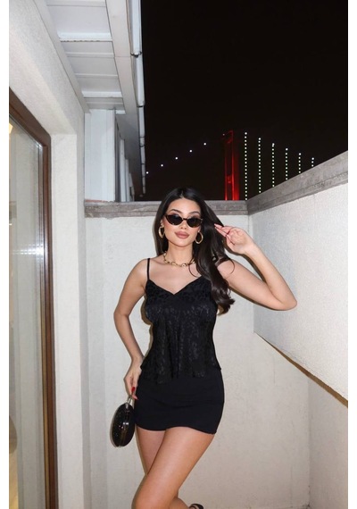 Kechi Woman Leopar Desenli Saten Askılı Bluz Siyah