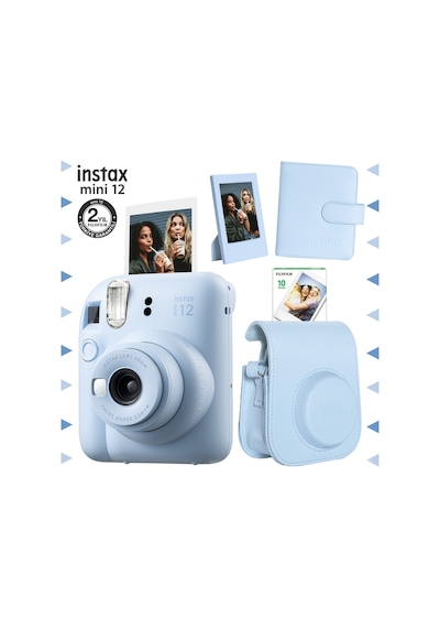 Fujifilm Instax Mini 12 Fotoğraf Makinesi + 10'lu Film + Çerçeve + Kare Albüm + Deri Kılıf Mavi