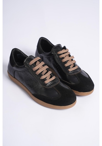 Analin Shoes Kadın Hakiki Deri Bağcıklı Süet Detaylı Spor Ayakkabı Siyah