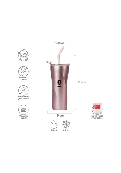 Paslanmaz Çelik Rose Metalik Tumbler Termos 550 Ml Pipetli Vakumlu Kapaklı No:135
