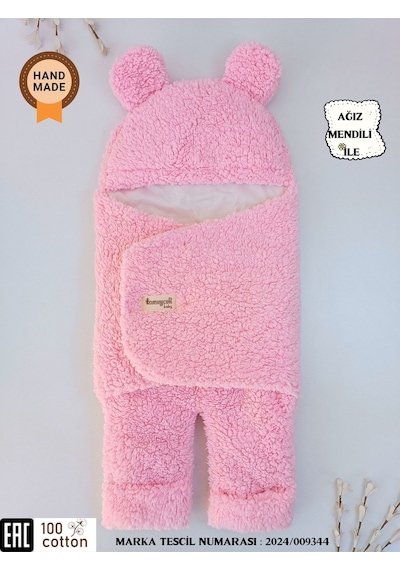 Bebek Dış Kundak Battaniyesi Welsoft Ekstra Uzun Kışlık Peluş Ayakları Açılabilen Uyku Tulumu 0-12ay Pembe