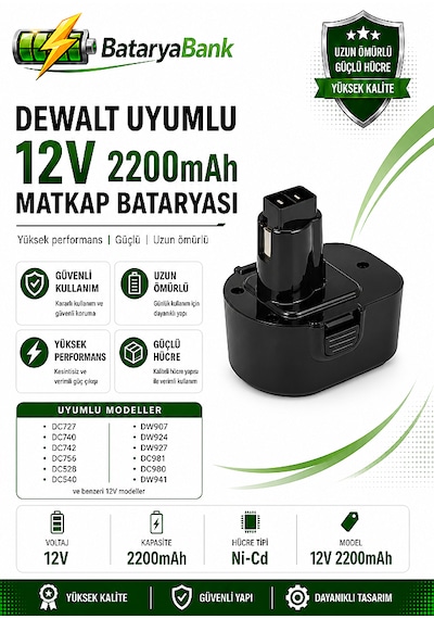 Dewalt Uyumlu 12v 2200mah Ni-cd Şarjlı Matkap Bataryası