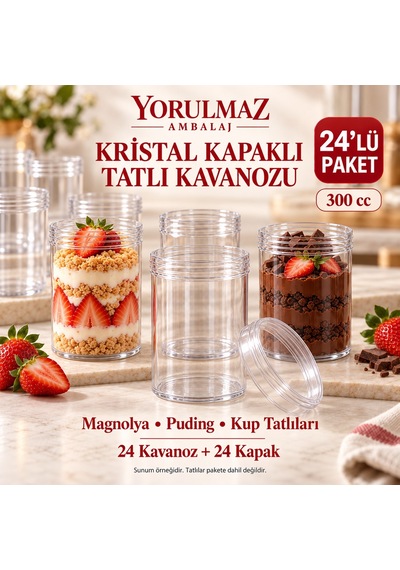 300 Cc Kapaklı Kristal Tatlı Kavanozu 24 Lü Şeffaf Magnolya, Puding Ve Kup Tatlı Sunum Kabı