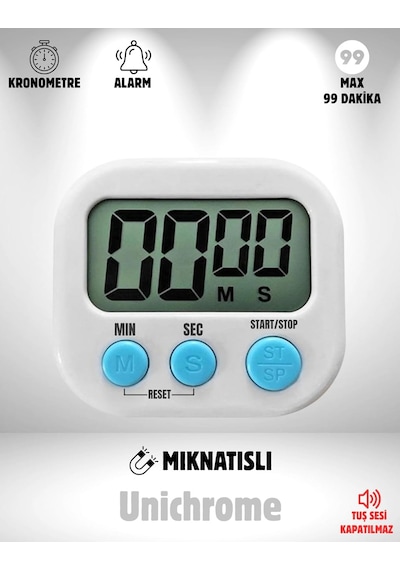 Unichrome Beyaz Renk Dijital Ekranlı Alarmlı Mıknatıslı Mutfak Zamanlayıcı