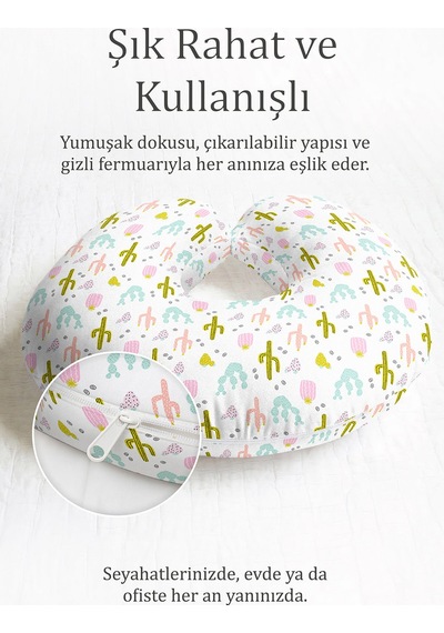Kaktüs Desenli Pamuklu Boyun Yastığı - Pastel Renkli Yumuşak Seyahat Yastığı Doygun Deniz Şampanya