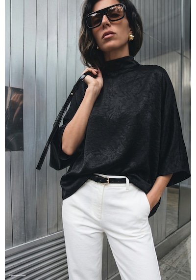Sateen Yarasa Kol Bluz - Siyah-137966