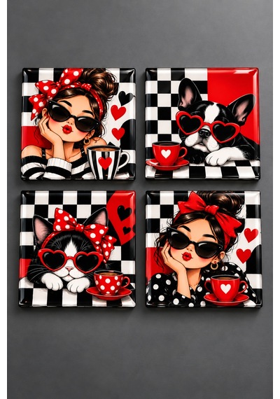 Gökçeoğlu Cam Bardak Altlığı Kırmızı Siyah Beyaz Pop Art Temalı 4'lü Takım 10cm X 10cm Çok Renkli