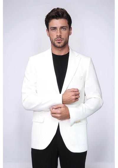 Ekru Kedinden Desenli Örme Altın Renk Metal Düğmeli Slim Fit Erkek Blazer Ceket - Wessi Blue Ekru Kedinden Desenli Örme Altın Renk Metal Düğmeli Slim Fit Erkek Blazer Ceket - Wessi Blue
