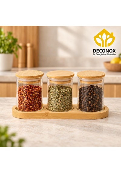 Bambu Standlı Yuvarlak 3 Lü Cam Baharatlık Seti, 3 X 190 Ml, Bambu Kapaklı Baharat Kavanozları, Üç Yuvalı Tezgah Üstü Düzenleyici Çok Renkli