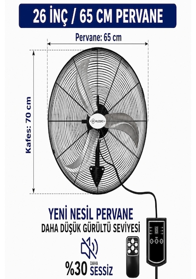 Muzeko Mzk650 26 Inç 65cm 180w Kumandalı Duvar Tipi Sanayi Vantilatör Evde Kullanım İçin Uygun Değildir