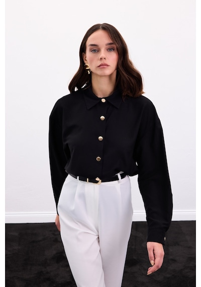Sateen Çıtçıt Detaylı Gömlek - Siyah-136896 Siyah