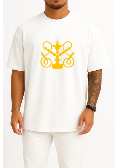 Bahriyeli Collection Oversize Shisha Station Heilbronn Hookah Sticker Göğüs Tasarımlı Unisex T-shirt Beyaz