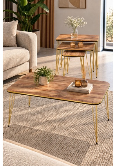 Sulorahome Ceviz Desenli Gold Tel Ayaklı 4'lü Sehpa Seti Ceviz - Altın