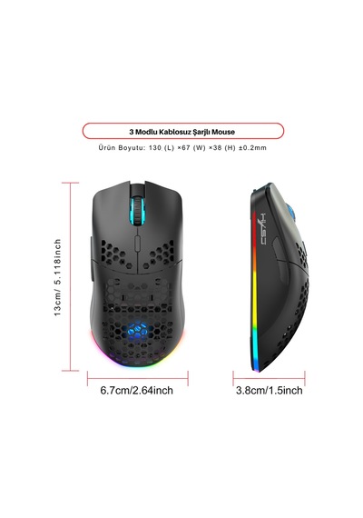 T66 Kablosuz 3 Modlu Mouse-650 Mah Batarya - 12000 Fps - 20g - Rgb Aydınlatma Diğer