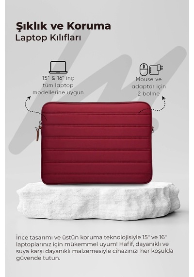 Mussen Laptop Kılıfı Su Geçirmez Macbook Neo Air Pro 15-16 İnç Bordo Bordo