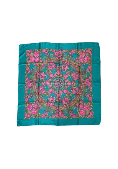 Tikitonki Pembe Çiçek Desenli Kare Kesim Nil Yeşili Eşarp - 90x90 Çok Renkli Çok Renkli